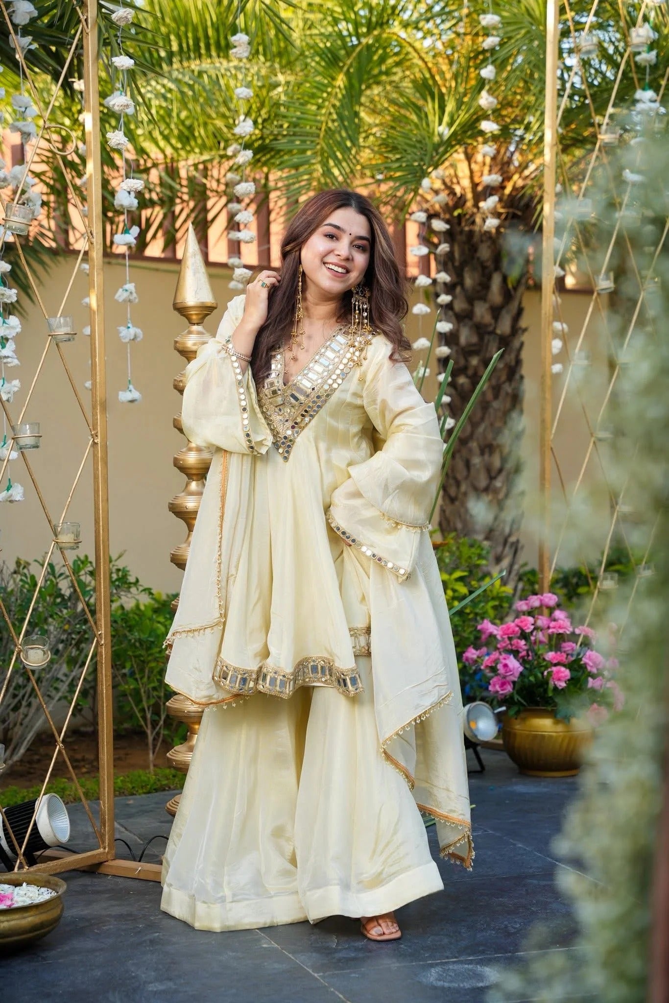 Elegant Cream Mirror Work Vichitra Silk Anarkali Kurta Set with Dupatta – Festive & Wedding Wear