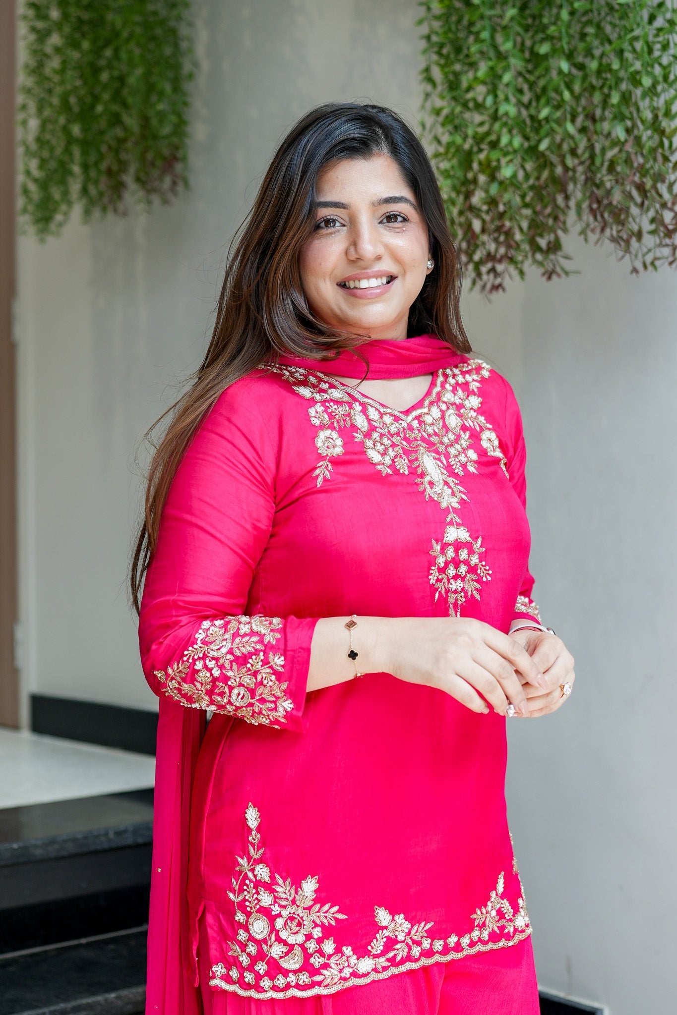 Vibrant Rani Pink Natural Crepe Kurta Set with Opulent Gold Zari Embroidery & Sharara Bottoms
