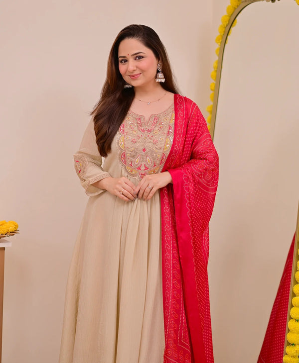 Beige Silk Chinon Embroidered Anarkali Kurta Set with Rani Pink Bandhani Dupatta