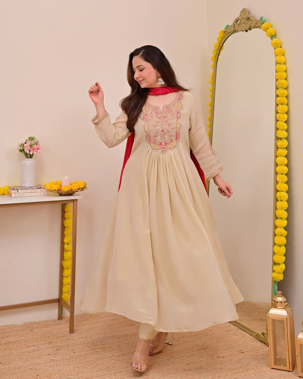 Beige Silk Chinon Embroidered Anarkali Kurta Set with Rani Pink Bandhani Dupatta