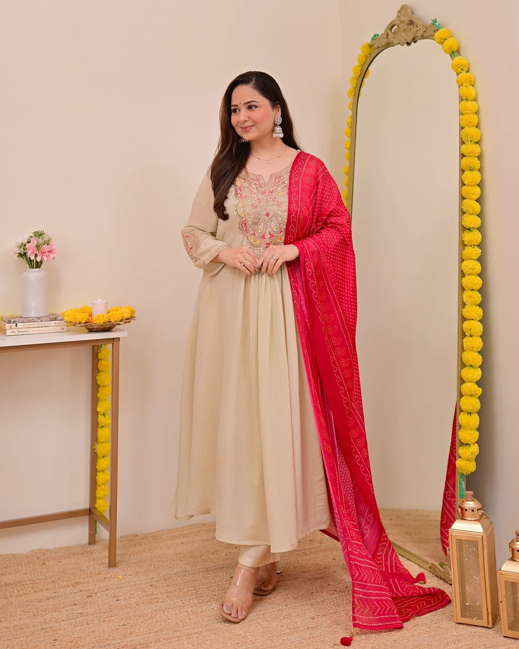 Beige Silk Chinon Embroidered Anarkali Kurta Set with Rani Pink Bandhani Dupatta