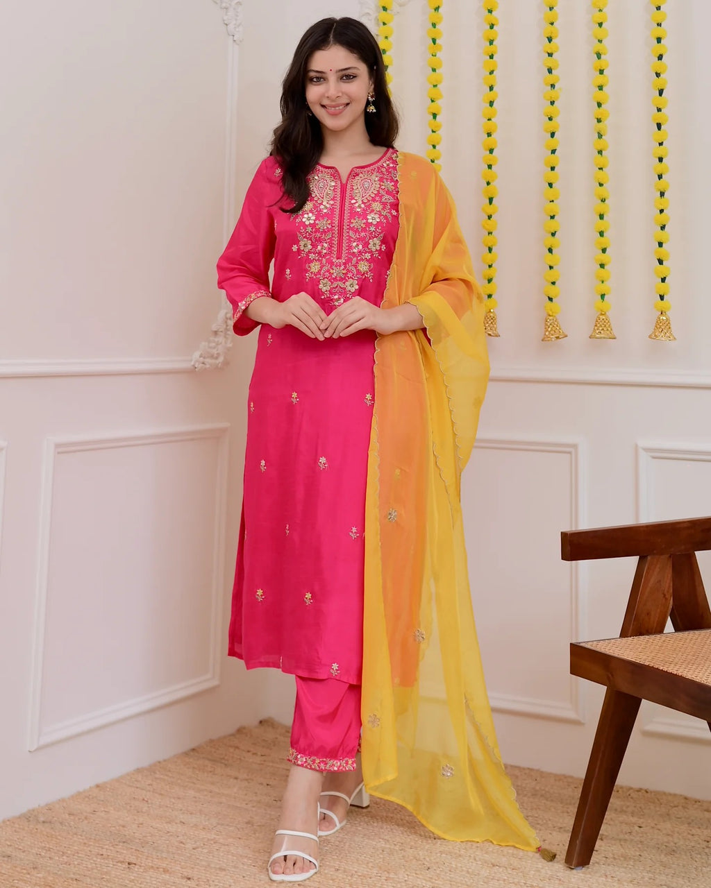 Festive Rani Pink Chanderi Silk Kurta Set with Sunny Yellow Scalloped Dupatta