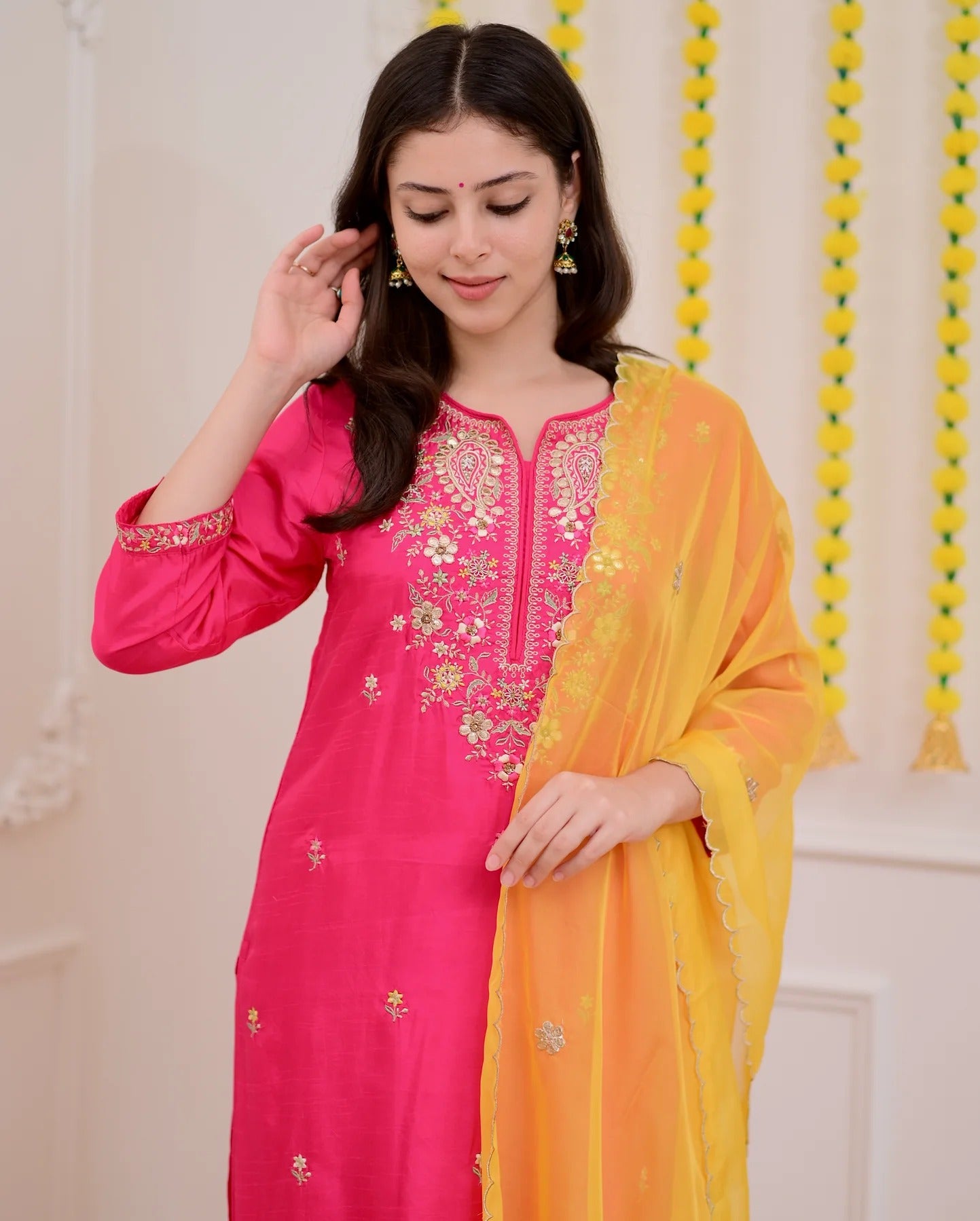 Festive Rani Pink Chanderi Silk Kurta Set with Sunny Yellow Scalloped Dupatta
