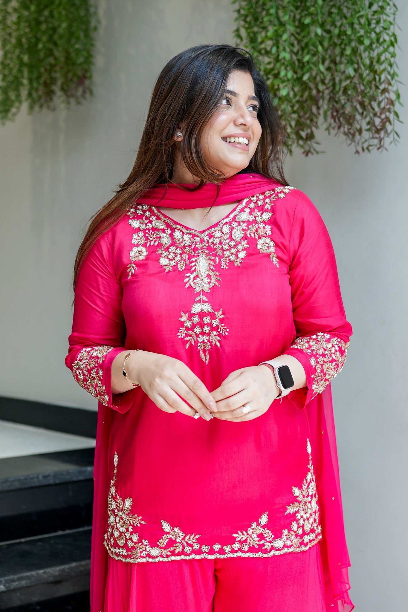 Vibrant Rani Pink Natural Crepe Kurta Set with Opulent Gold Zari Embroidery & Sharara Bottoms