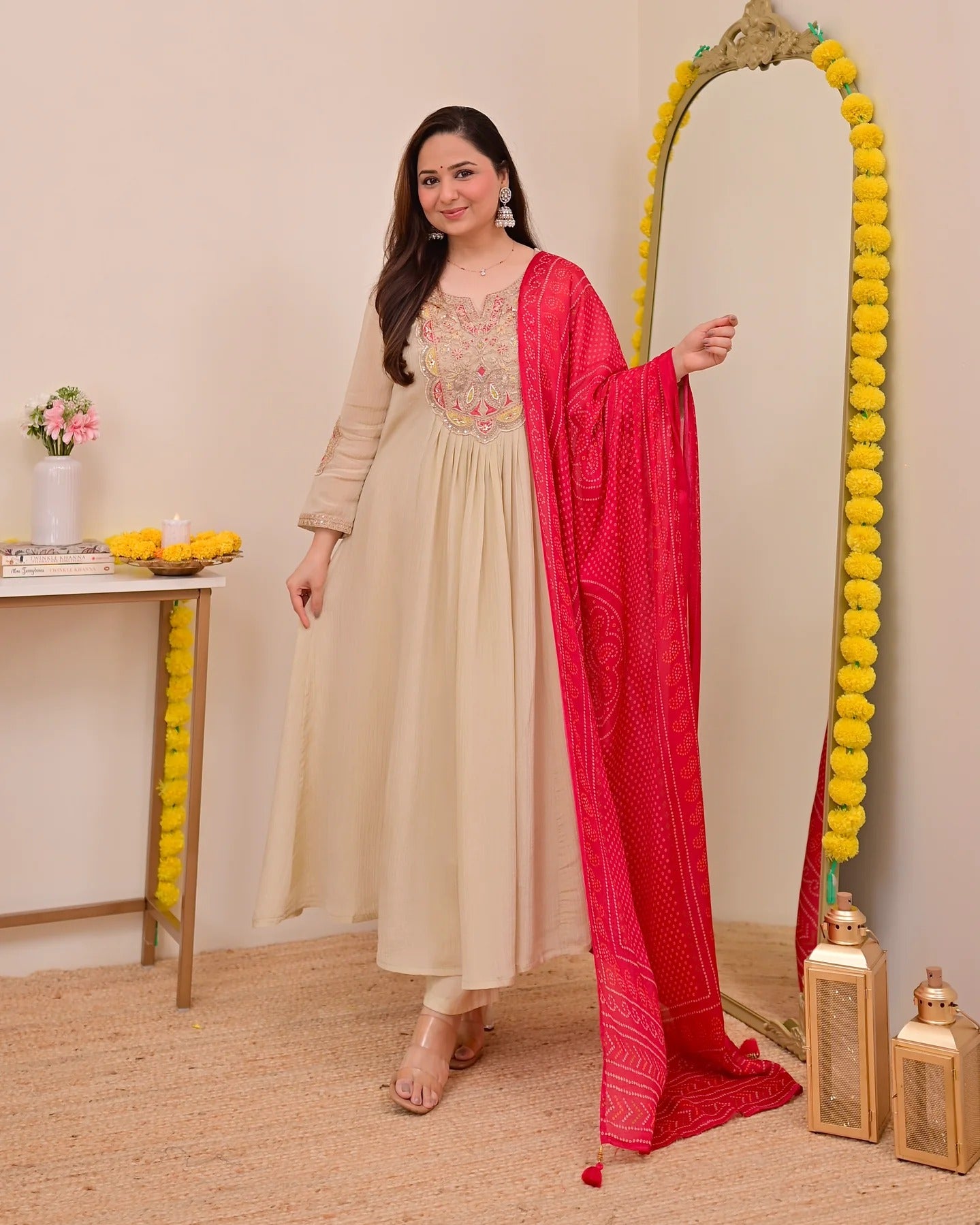 Beige Silk Chinon Embroidered Anarkali Kurta Set with Rani Pink Bandhani Dupatta