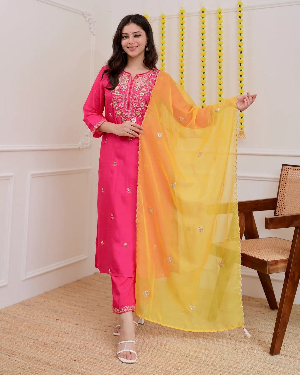 Festive Rani Pink Chanderi Silk Kurta Set with Sunny Yellow Scalloped Dupatta