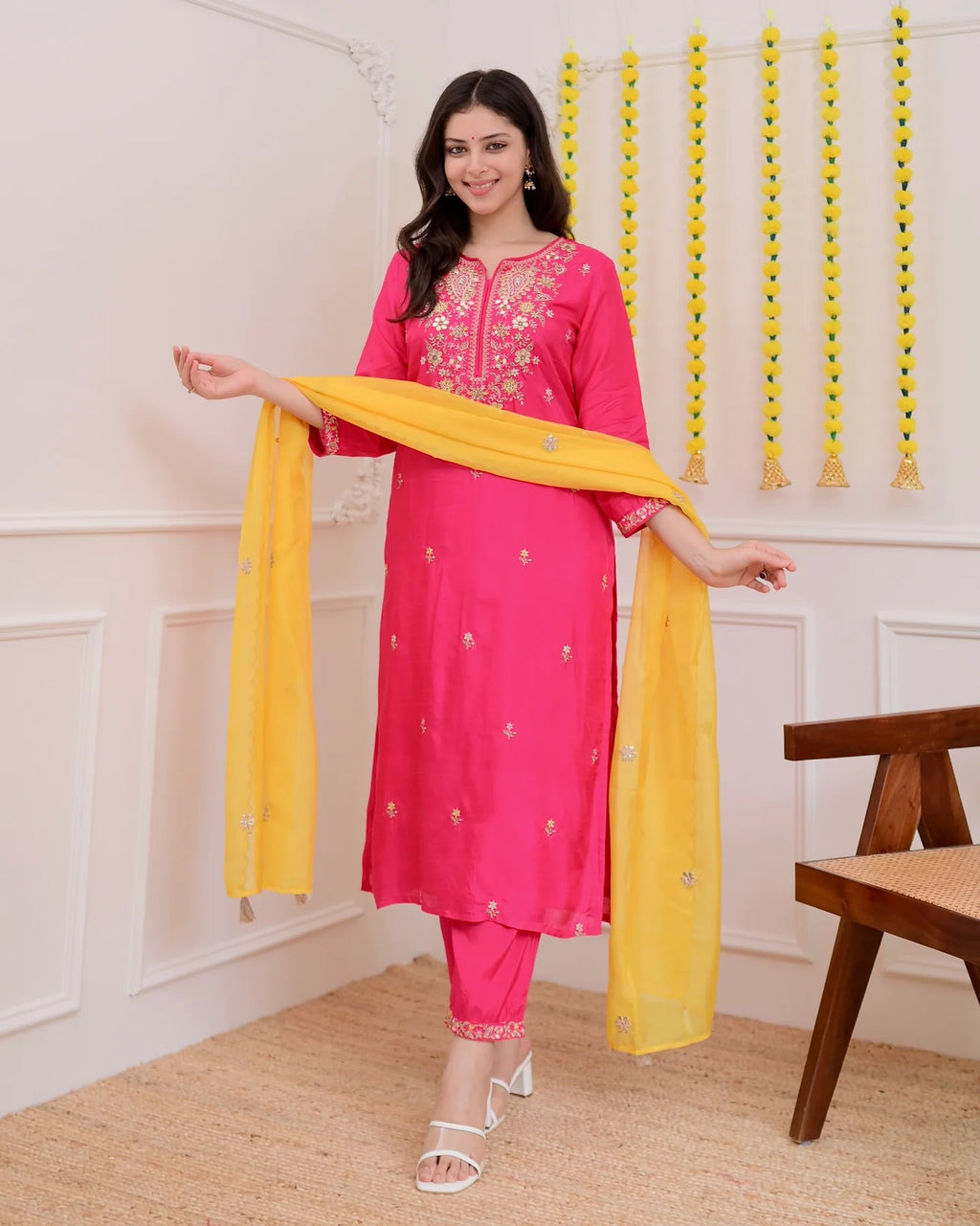 Festive Rani Pink Chanderi Silk Kurta Set with Sunny Yellow Scalloped Dupatta