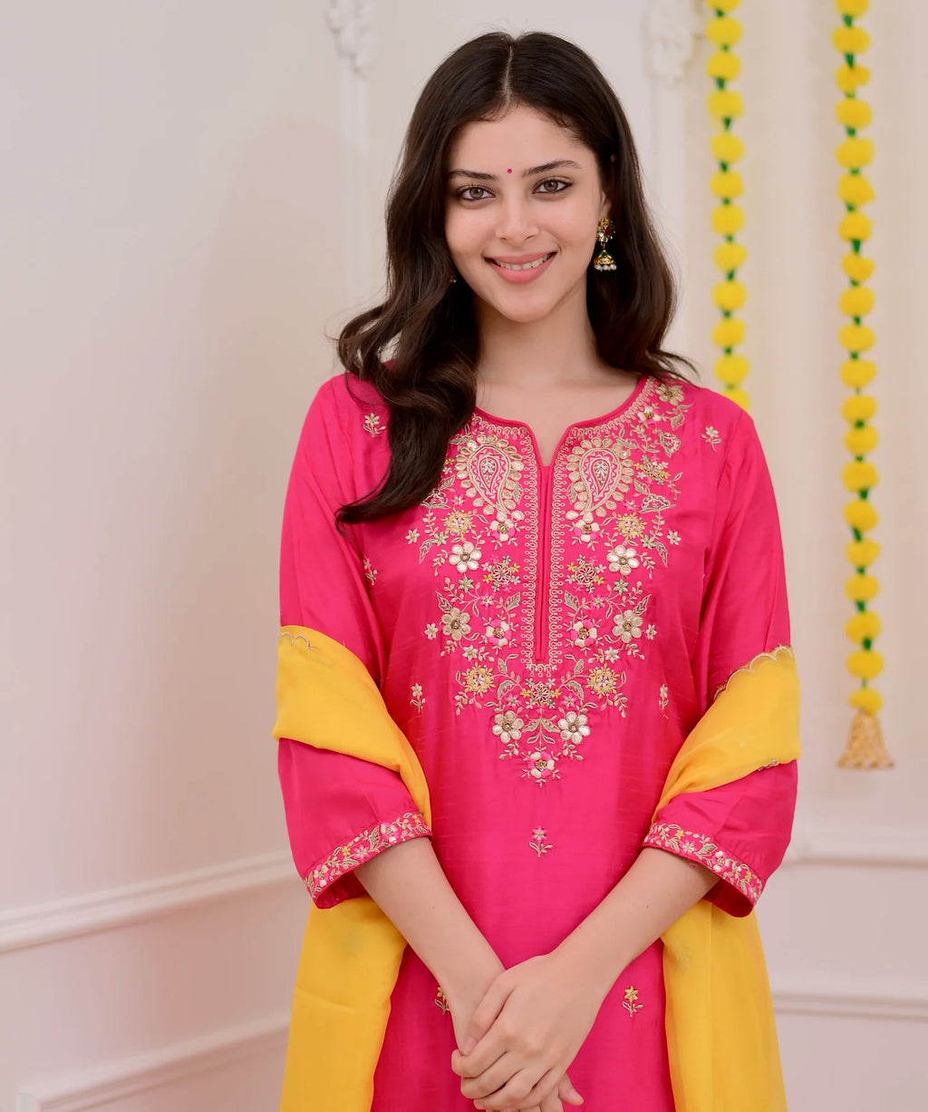 Festive Rani Pink Chanderi Silk Kurta Set with Sunny Yellow Scalloped Dupatta