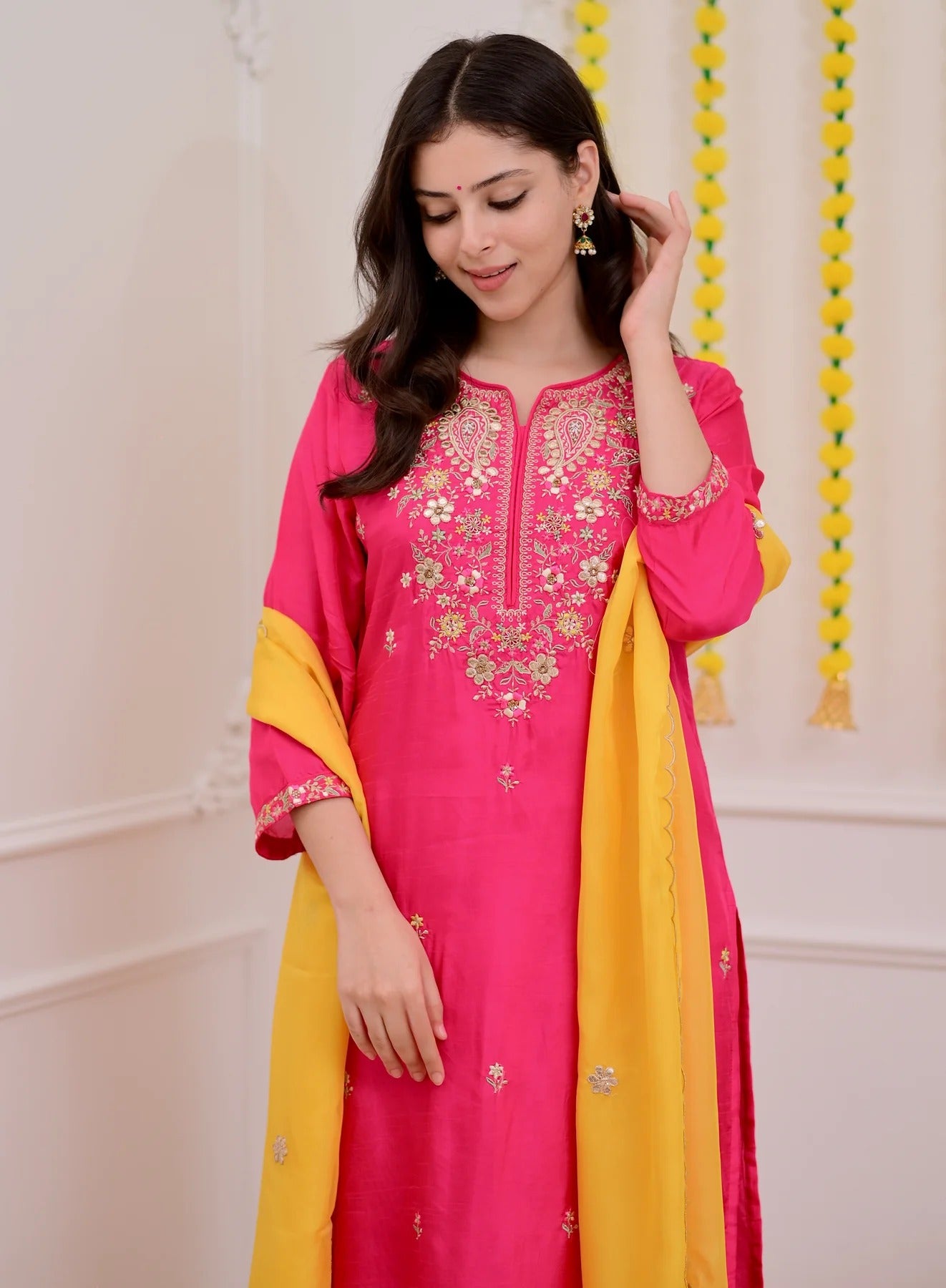 Festive Rani Pink Chanderi Silk Kurta Set with Sunny Yellow Scalloped Dupatta