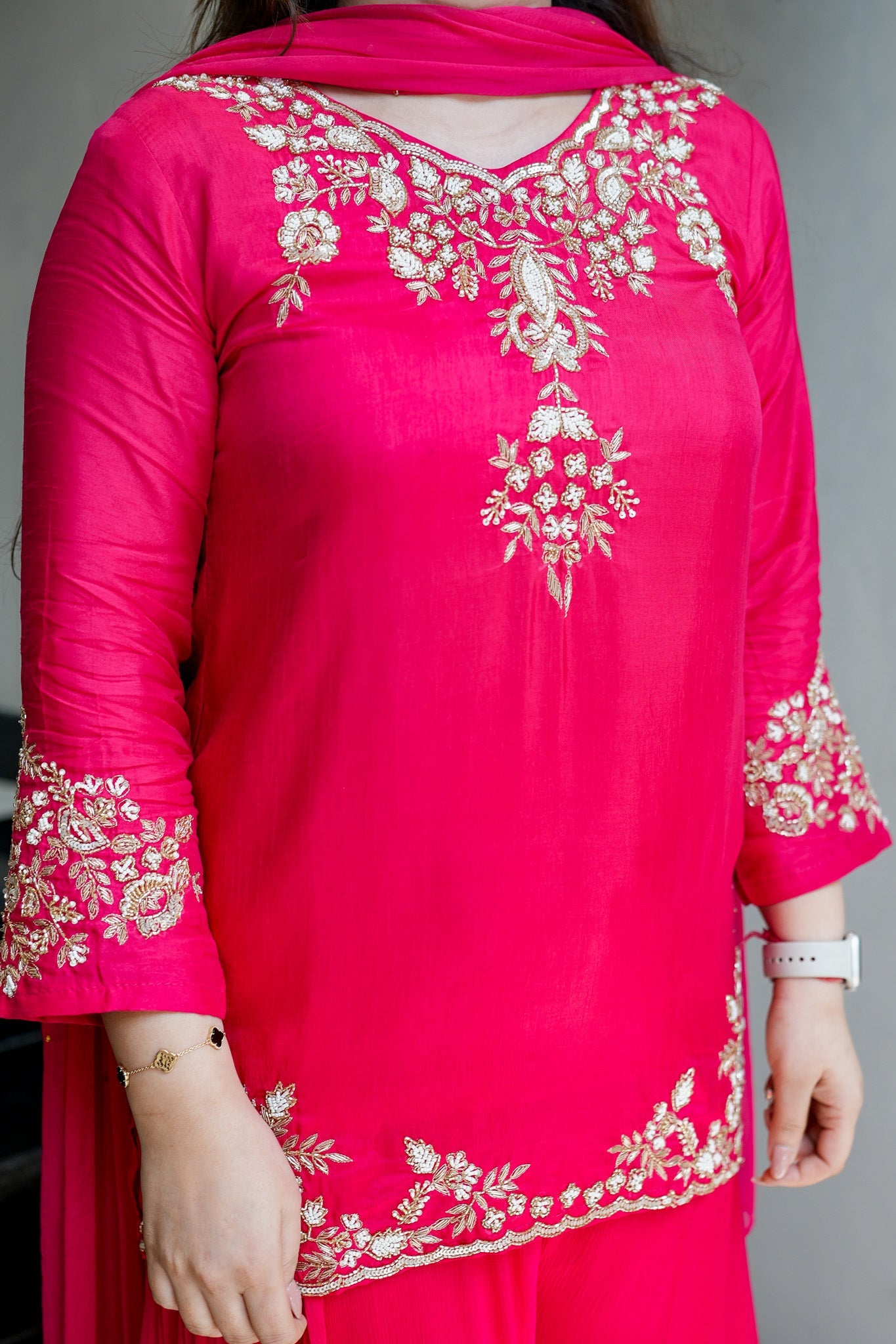 Vibrant Rani Pink Natural Crepe Kurta Set with Opulent Gold Zari Embroidery & Sharara Bottoms
