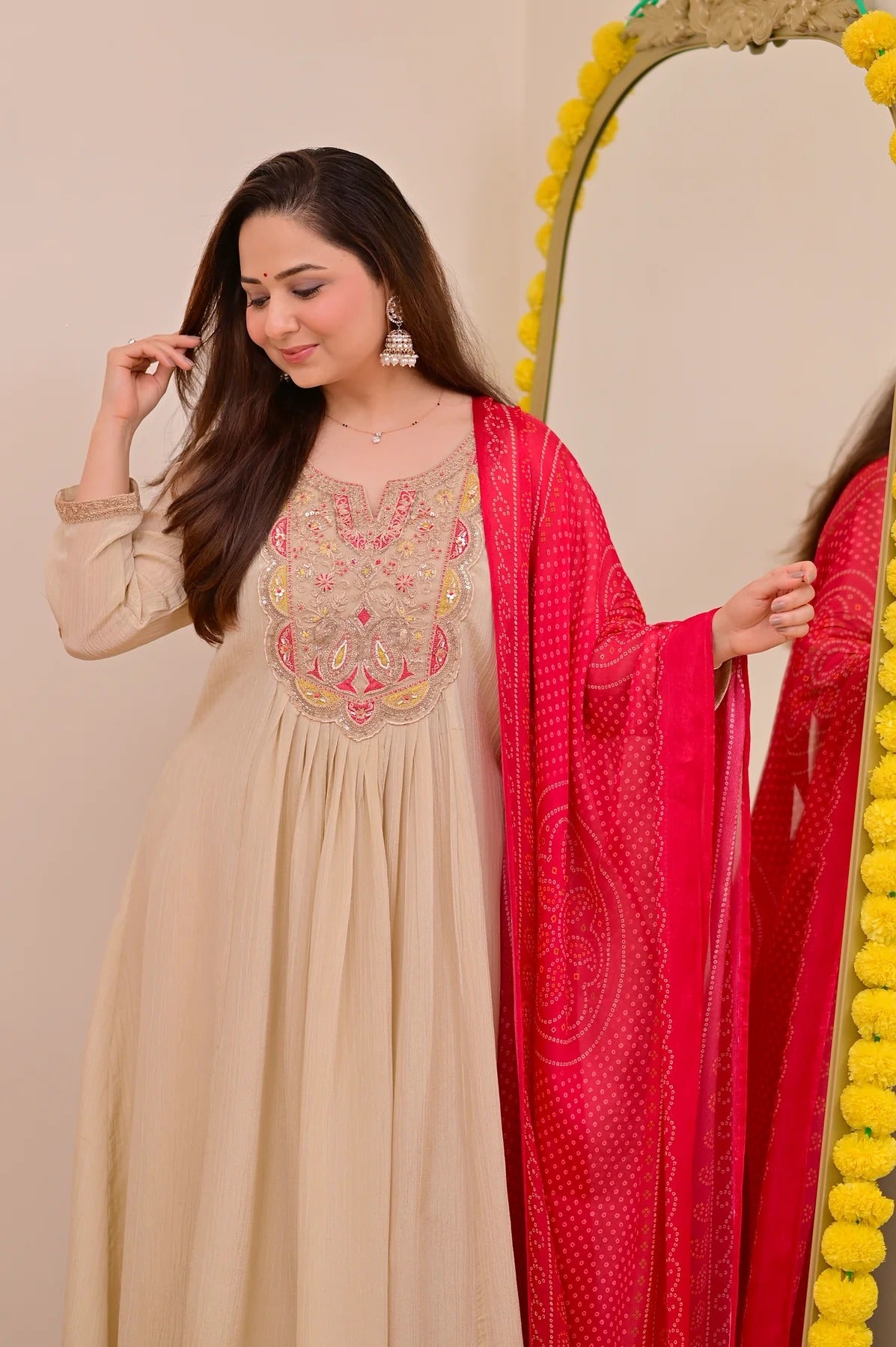 Beige Silk Chinon Embroidered Anarkali Kurta Set with Rani Pink Bandhani Dupatta