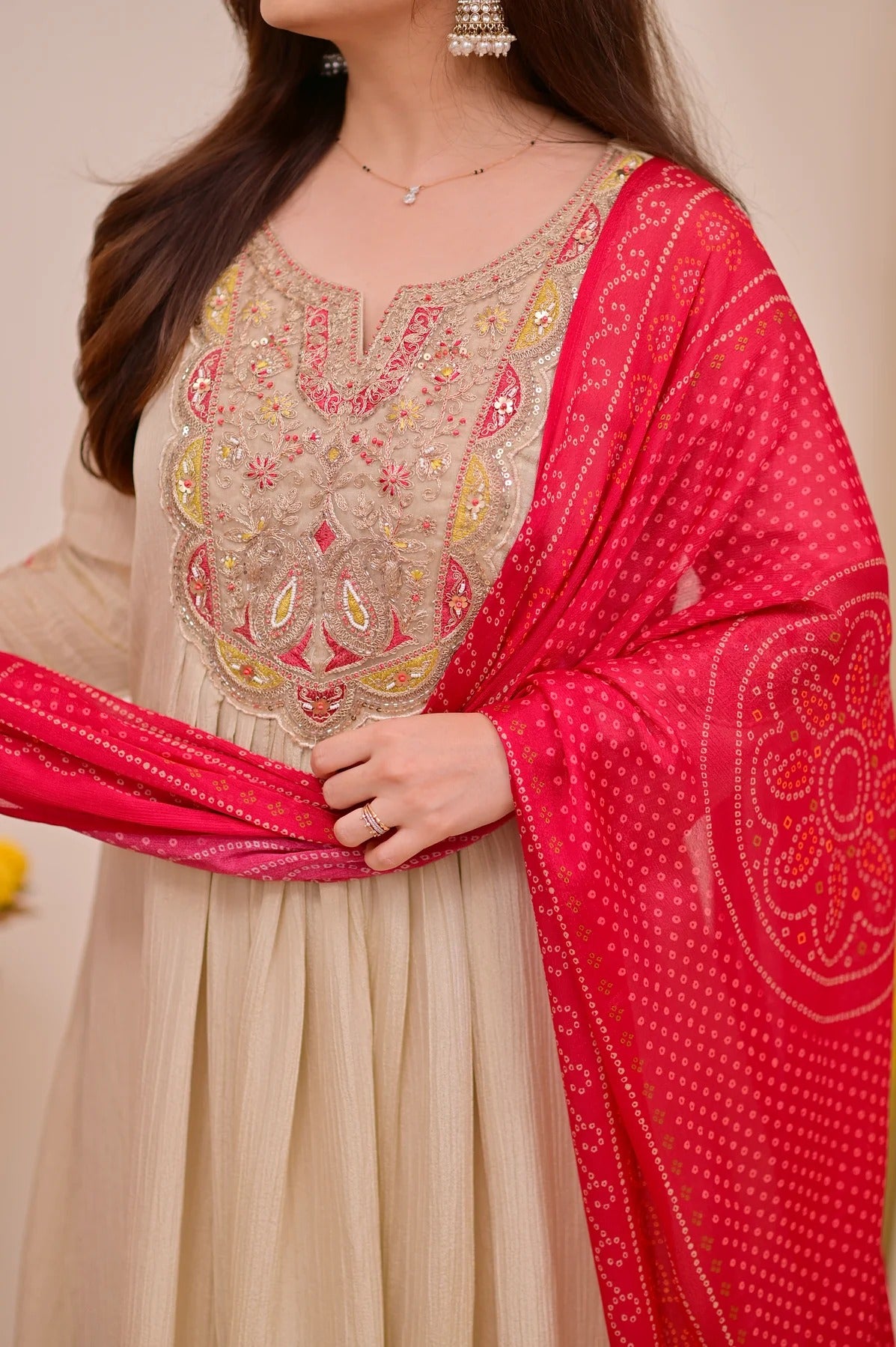 Beige Silk Chinon Embroidered Anarkali Kurta Set with Rani Pink Bandhani Dupatta
