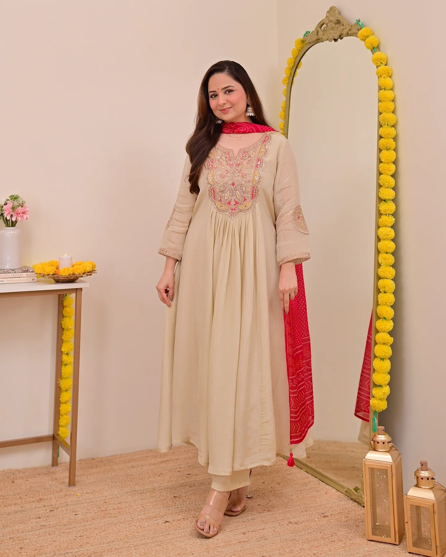 Beige Silk Chinon Embroidered Anarkali Kurta Set with Rani Pink Bandhani Dupatta