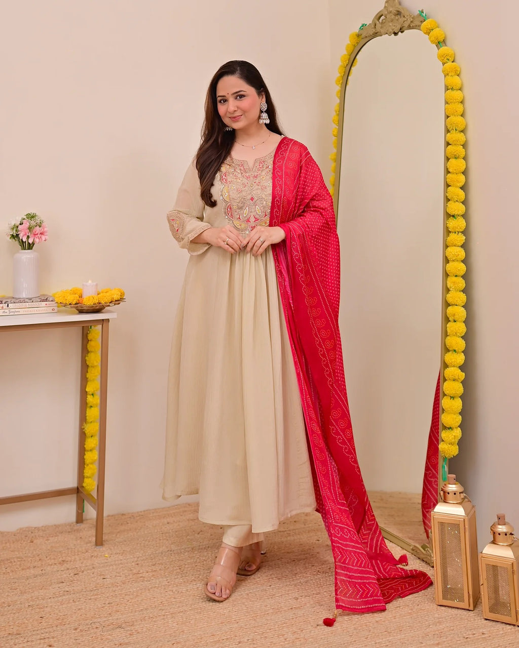 Beige Silk Chinon Embroidered Anarkali Kurta Set with Rani Pink Bandhani Dupatta