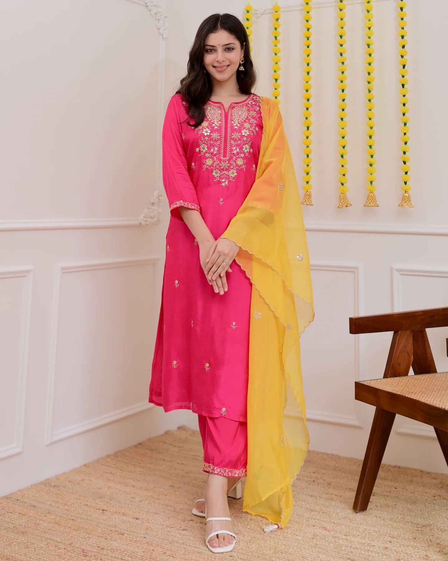 Festive Rani Pink Chanderi Silk Kurta Set with Sunny Yellow Scalloped Dupatta