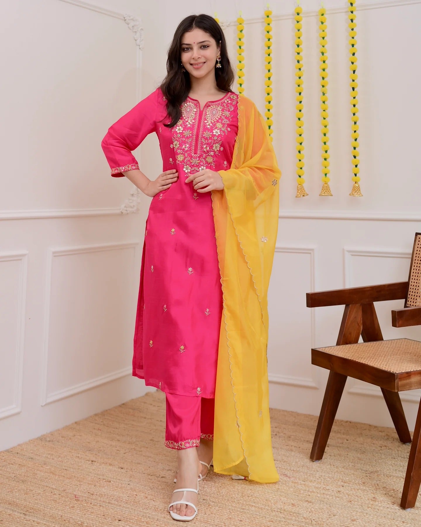 Festive Rani Pink Chanderi Silk Kurta Set with Sunny Yellow Scalloped Dupatta