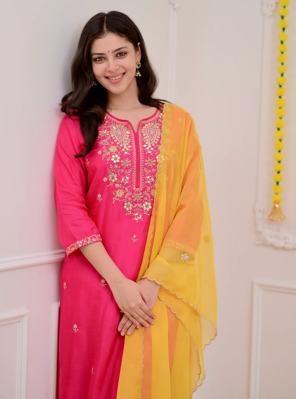 Festive Rani Pink Chanderi Silk Kurta Set with Sunny Yellow Scalloped Dupatta