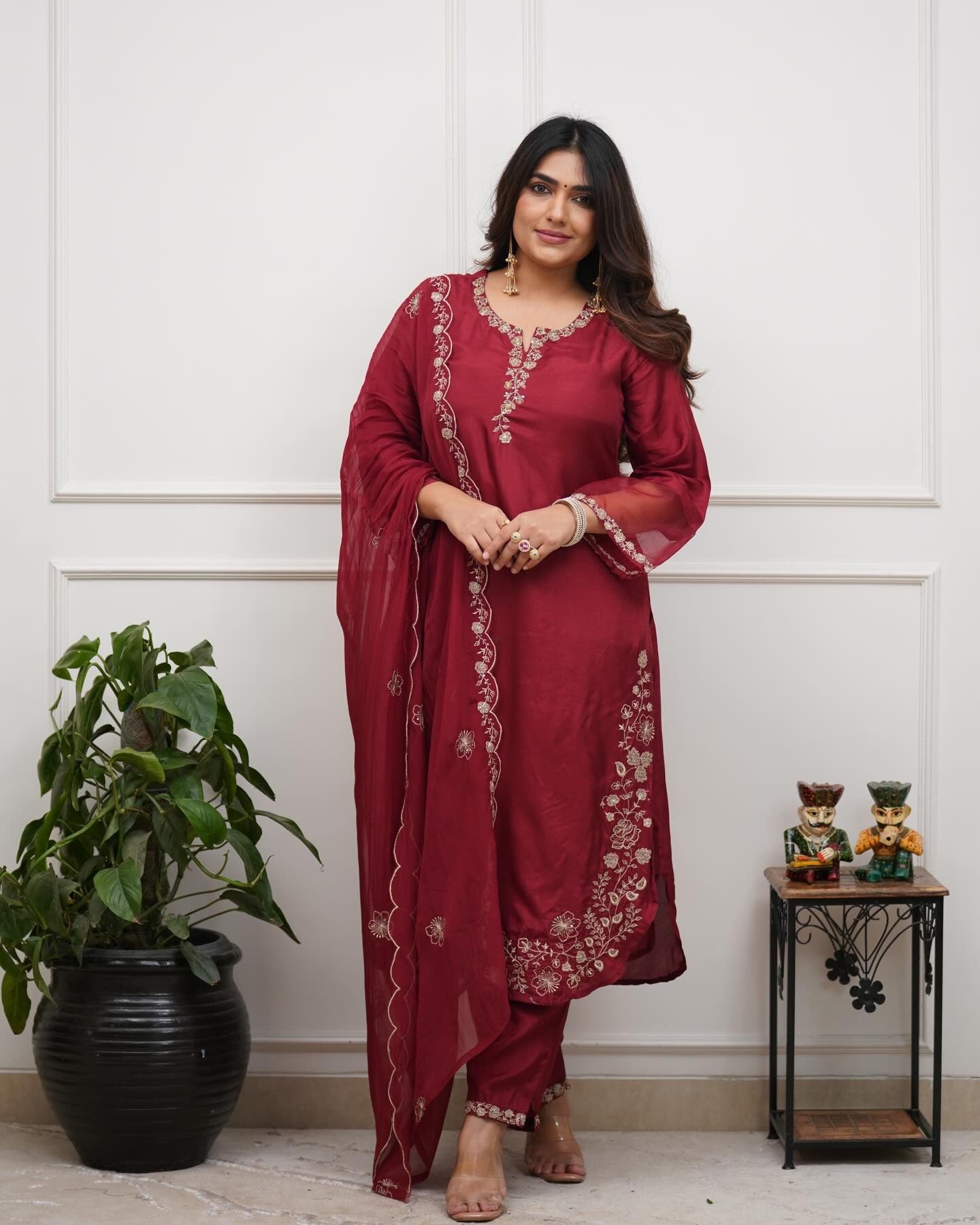 Maroon Majesty Chanderi Silk Embroidered Kurta Set with Scalloped Dupatta