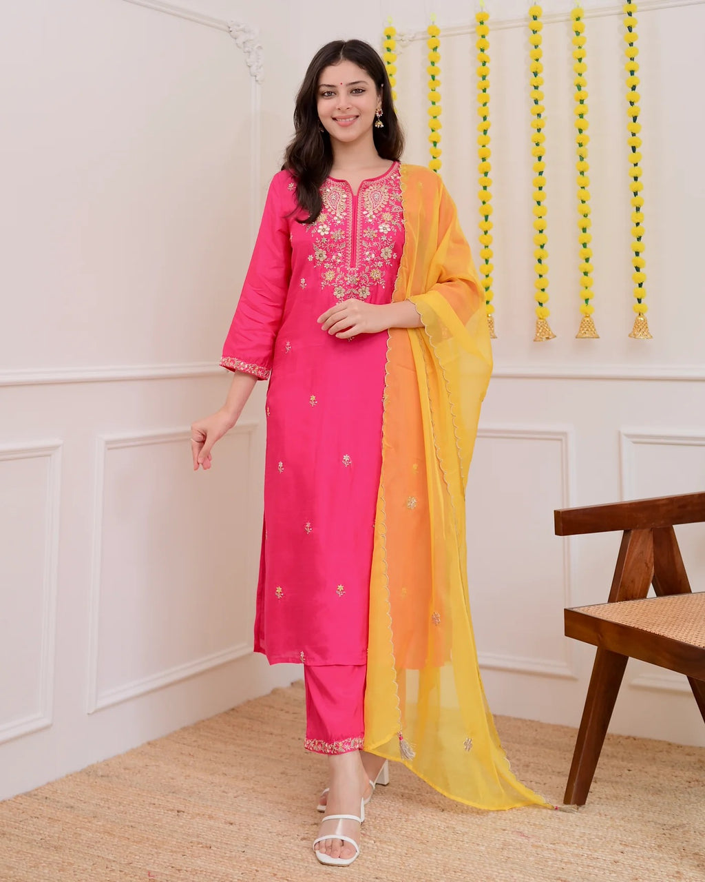 Festive Rani Pink Chanderi Silk Kurta Set with Sunny Yellow Scalloped Dupatta