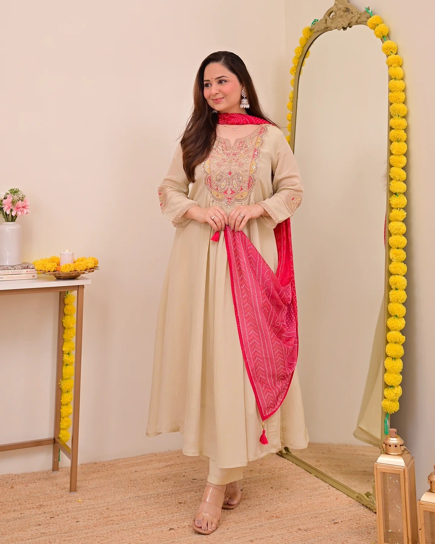 Beige Silk Chinon Embroidered Anarkali Kurta Set with Rani Pink Bandhani Dupatta