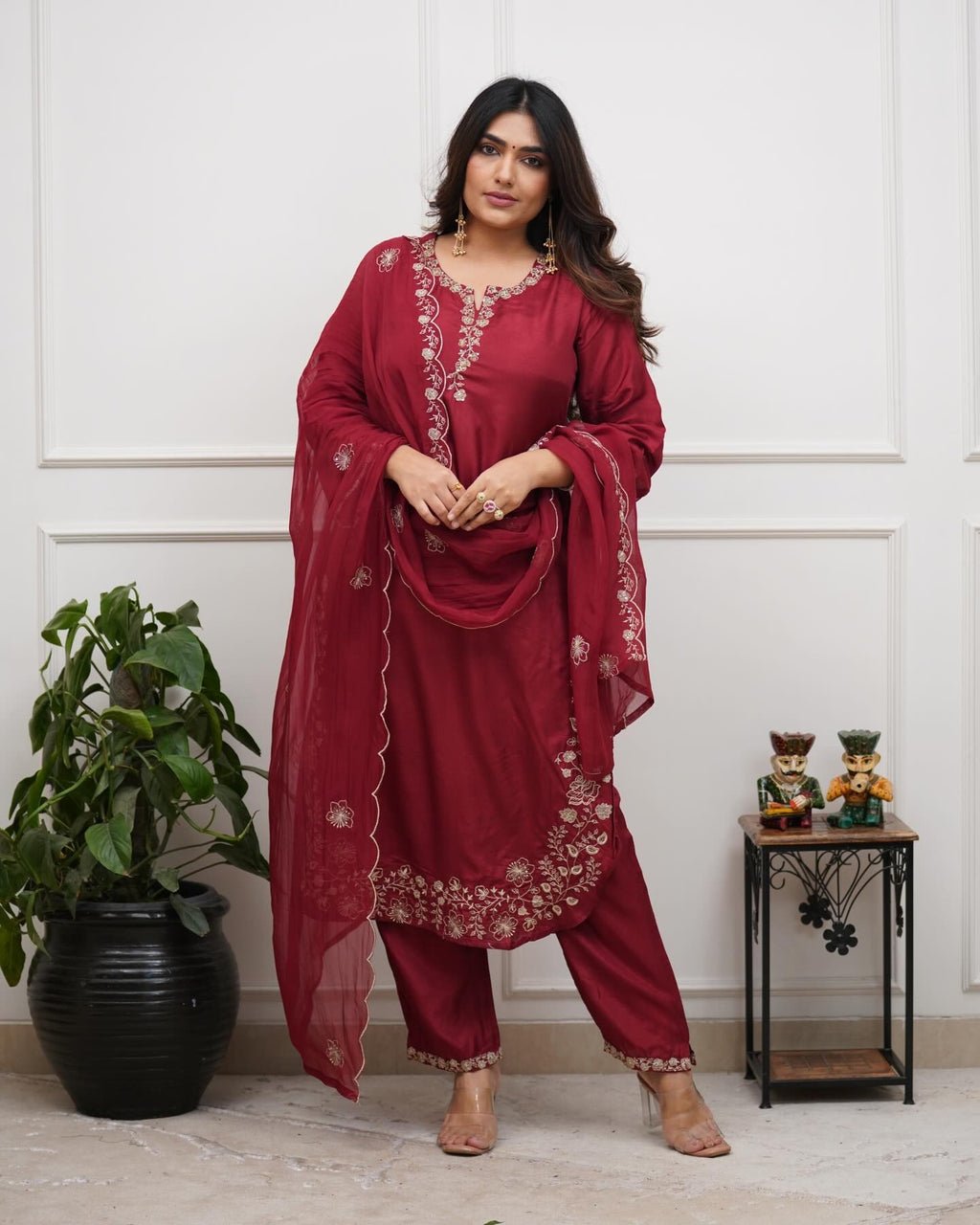 Maroon Majesty Chanderi Silk Embroidered Kurta Set with Scalloped Dupatta