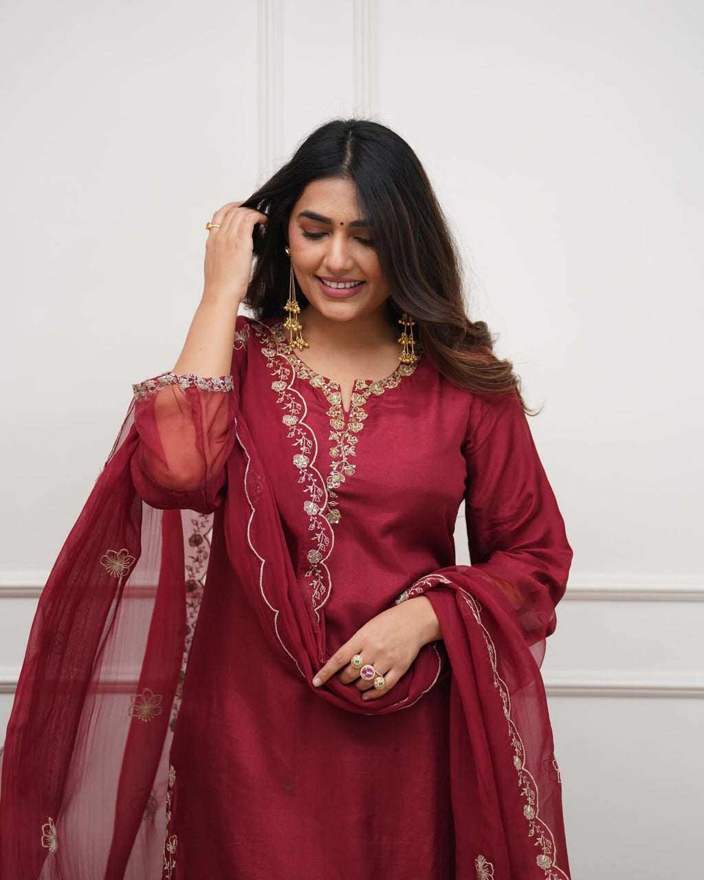 Maroon Majesty Chanderi Silk Embroidered Kurta Set with Scalloped Dupatta