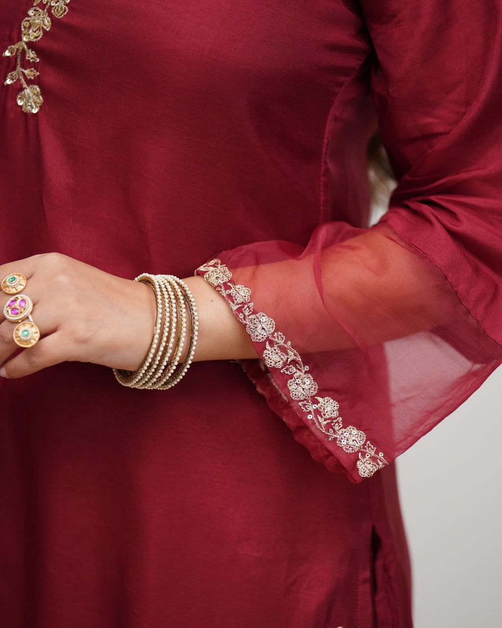 Maroon Majesty Chanderi Silk Embroidered Kurta Set with Scalloped Dupatta