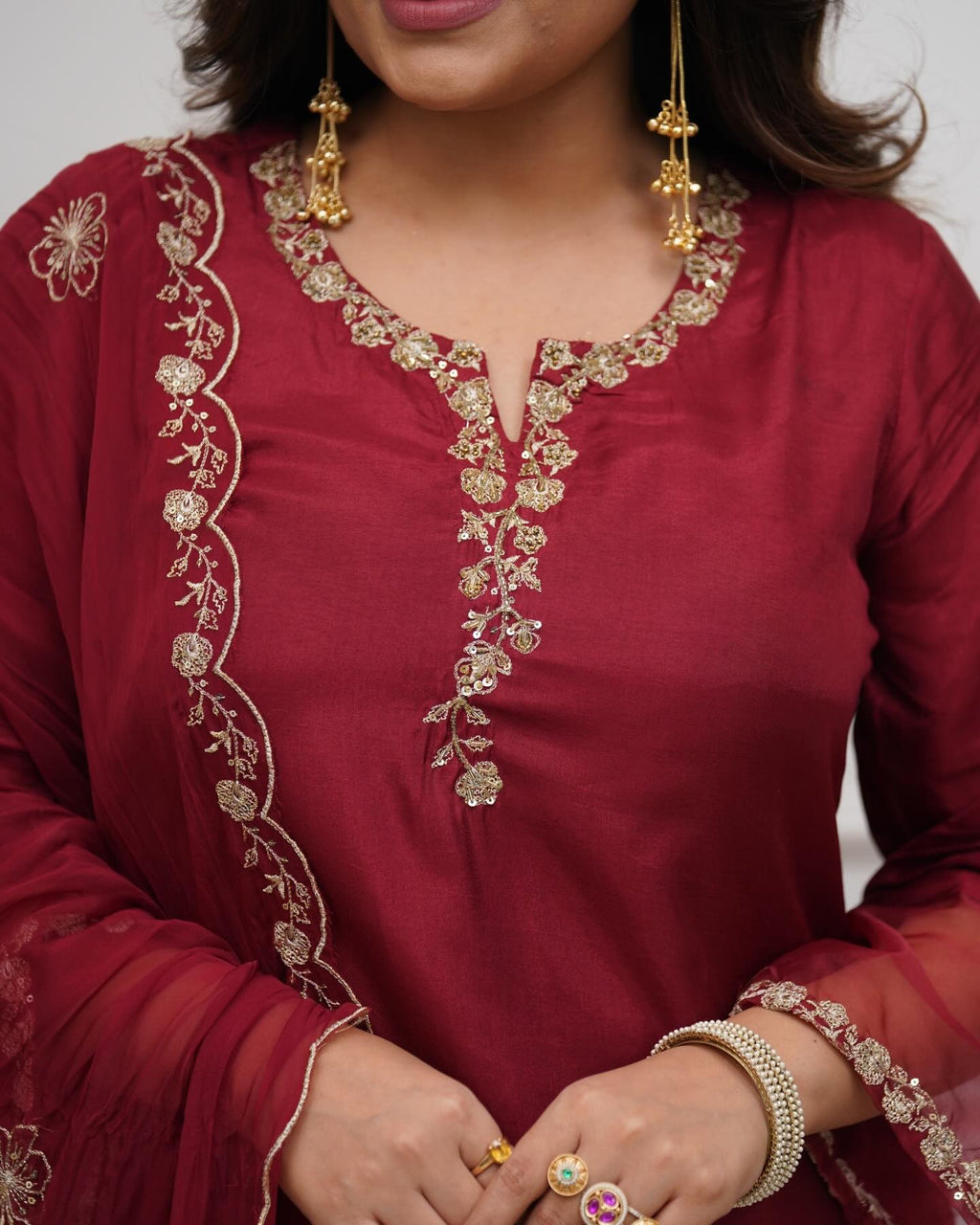Maroon Majesty Chanderi Silk Embroidered Kurta Set with Scalloped Dupatta