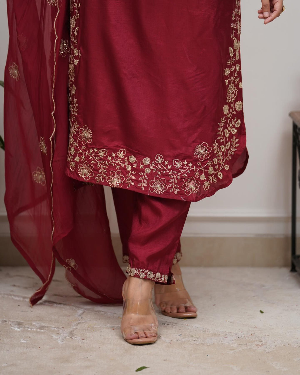 Maroon Majesty Chanderi Silk Embroidered Kurta Set with Scalloped Dupatta