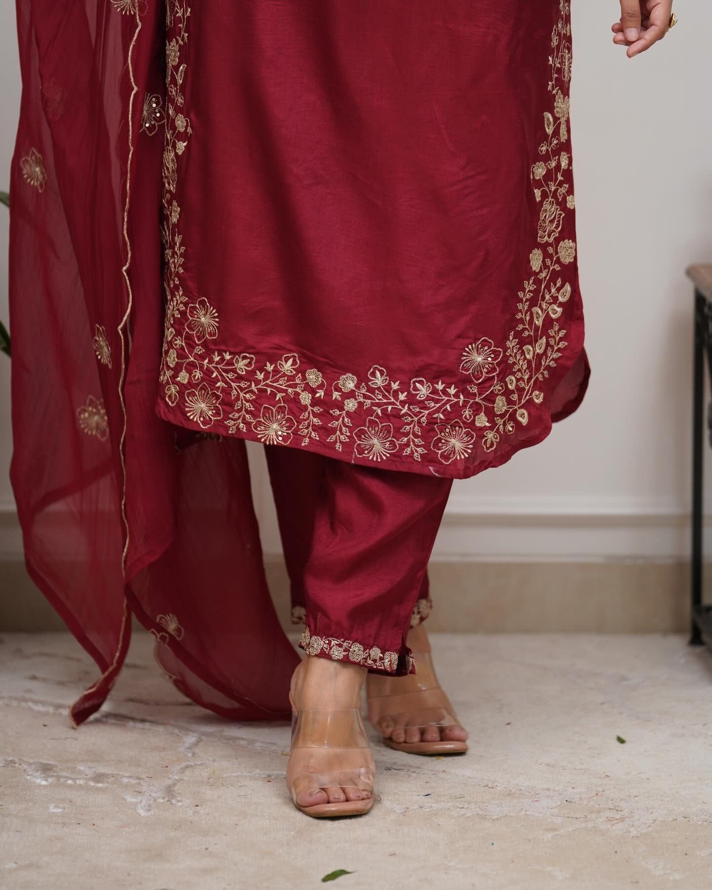 Maroon Majesty Chanderi Silk Embroidered Kurta Set with Scalloped Dupatta