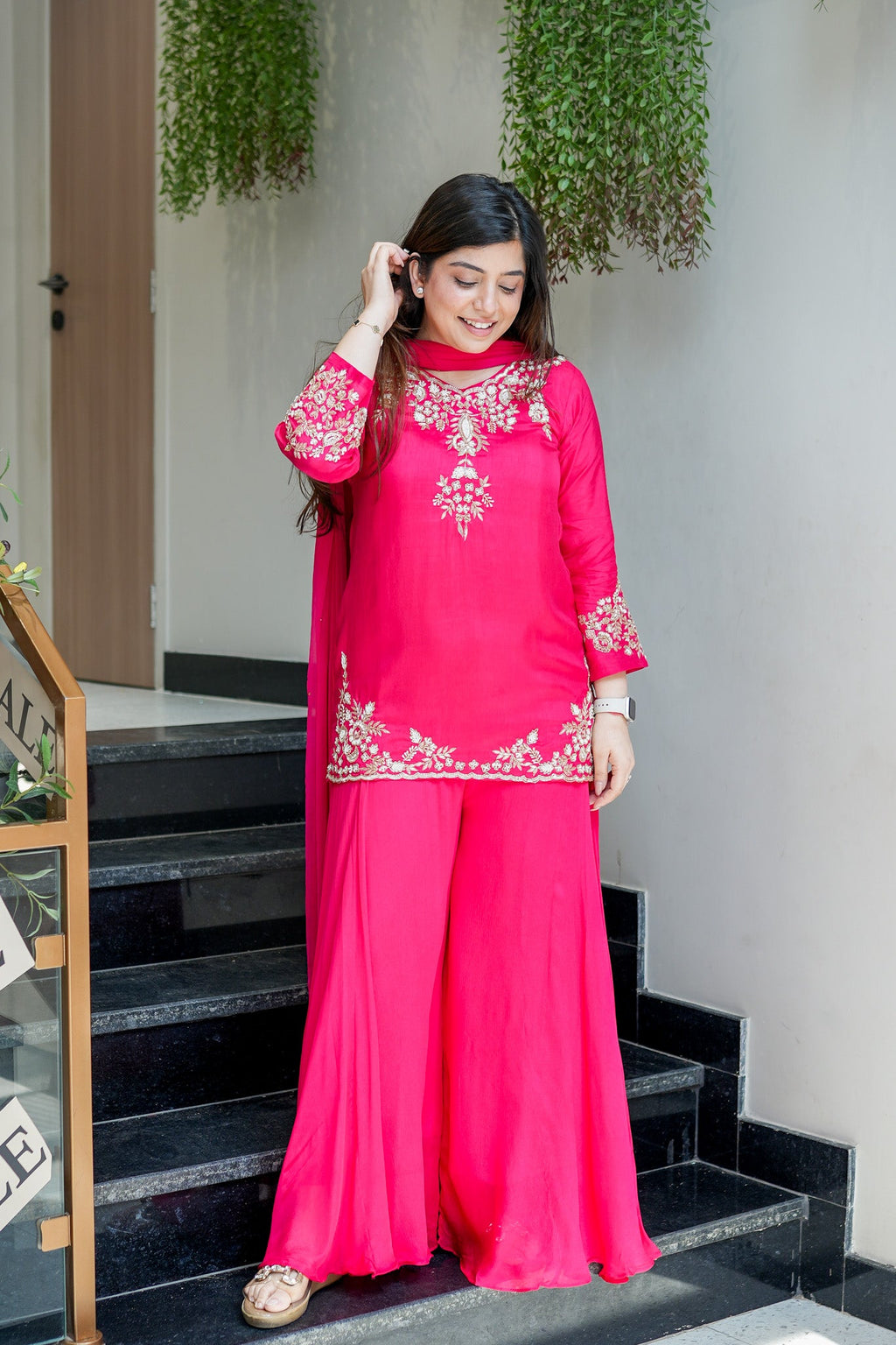 Vibrant Rani Pink Natural Crepe Kurta Set with Opulent Gold Zari Embroidery & Sharara Bottoms