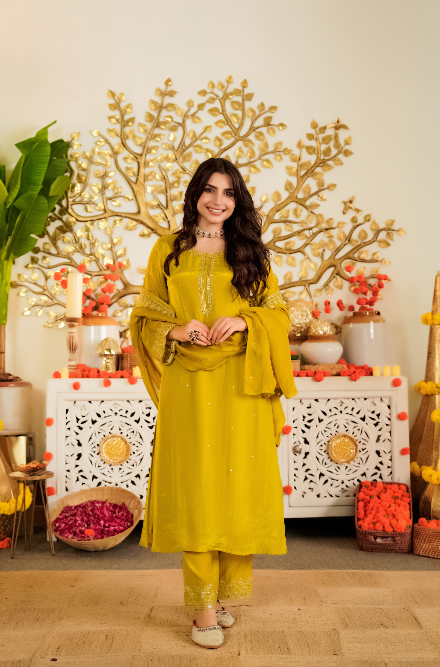 Luminous Mustard Viscose Satin Kurta Set with Delicate Zari Embroidery & Tonal Organza Dupatta