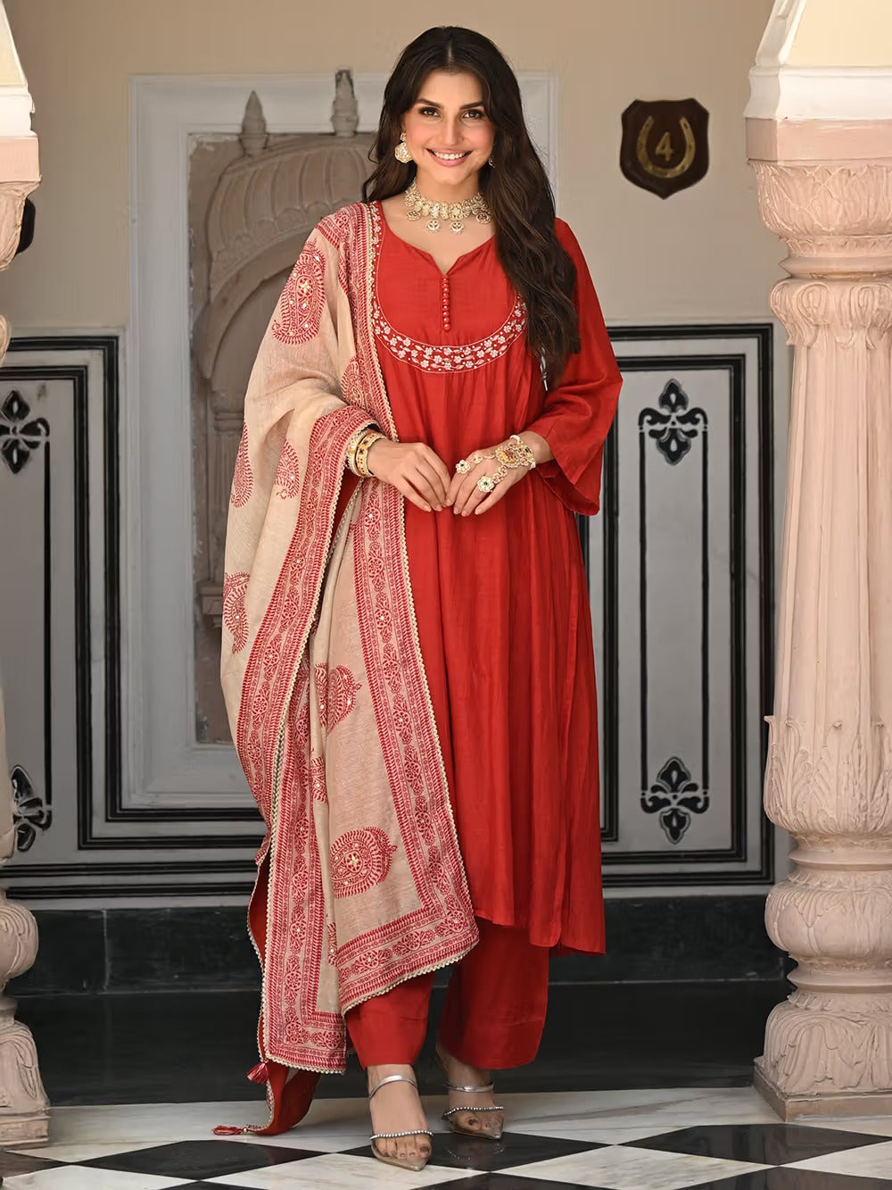 Premium Orange Viscose Chanderi Embroidered Kurta Set with Printed Dupatta