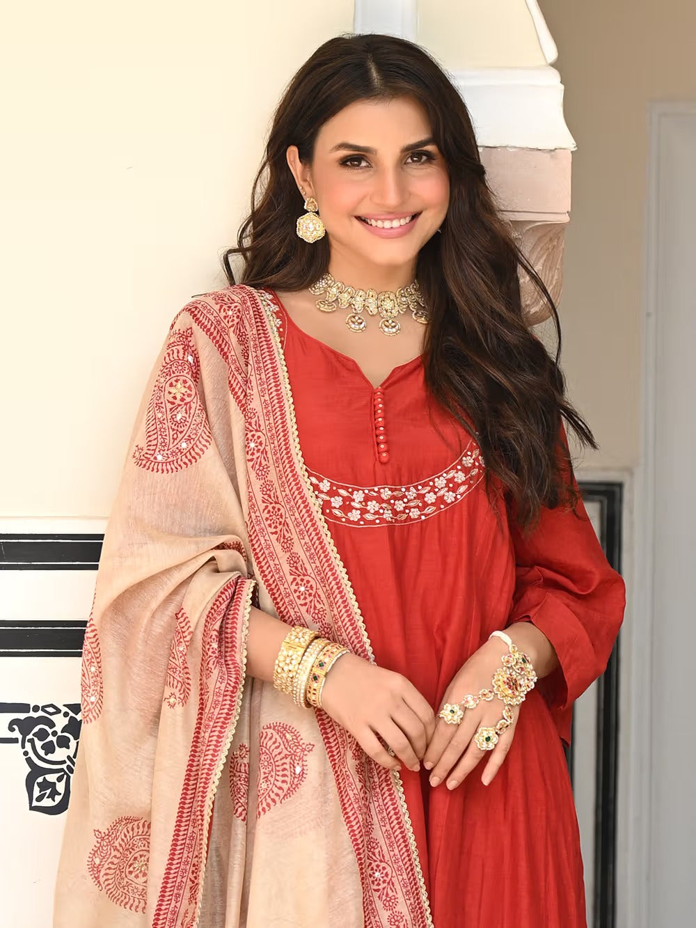 Premium Orange Viscose Chanderi Embroidered Kurta Set with Printed Dupatta
