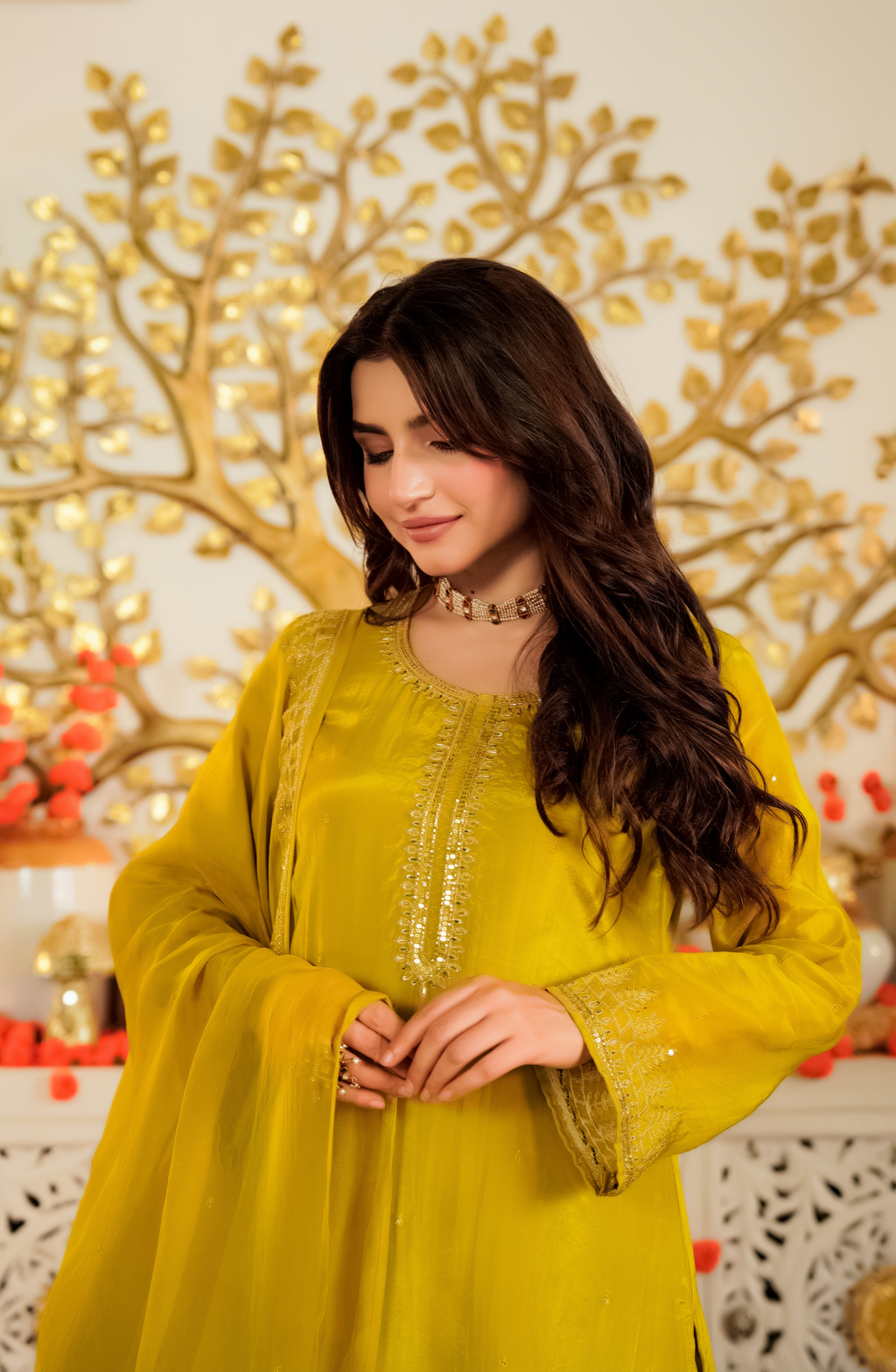 Luminous Mustard Viscose Satin Kurta Set with Delicate Zari Embroidery & Tonal Organza Dupatta
