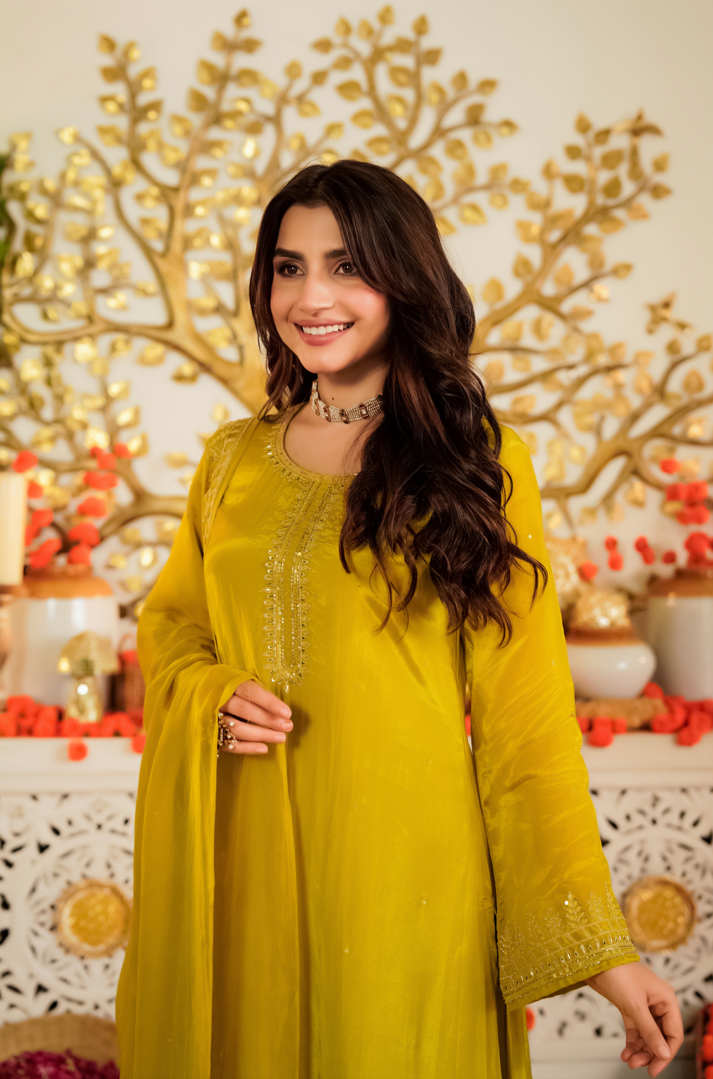 Luminous Mustard Viscose Satin Kurta Set with Delicate Zari Embroidery & Tonal Organza Dupatta