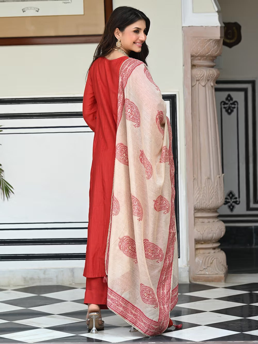 Premium Orange Viscose Chanderi Embroidered Kurta Set with Printed Dupatta