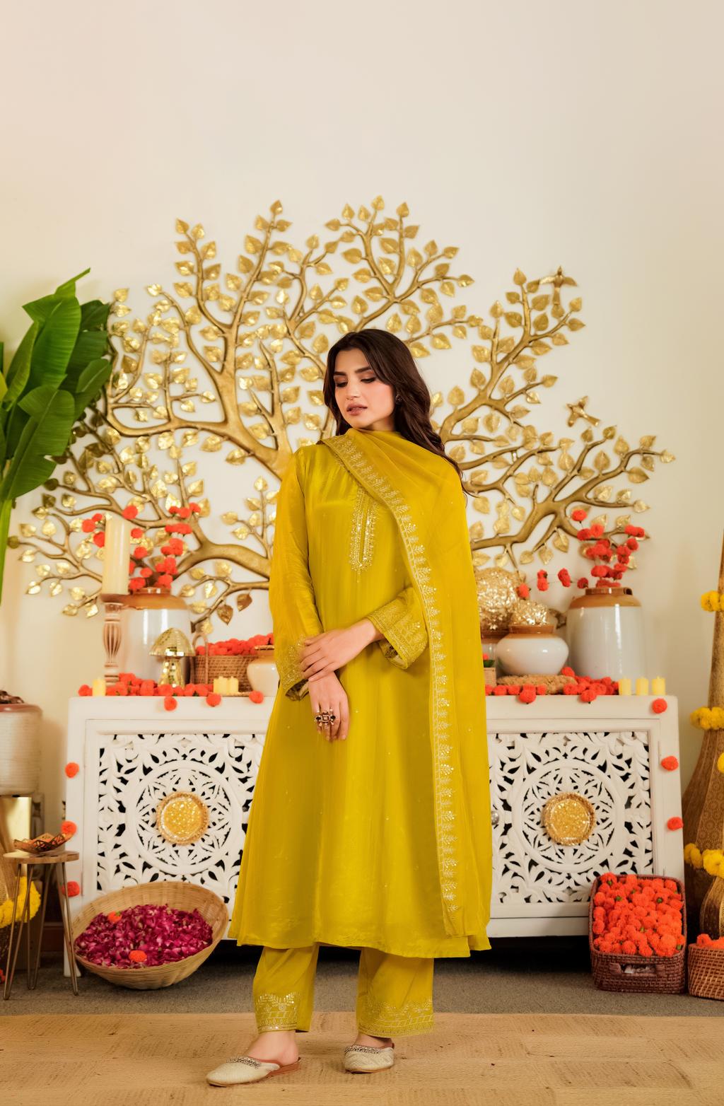 Luminous Mustard Viscose Satin Kurta Set with Delicate Zari Embroidery & Tonal Organza Dupatta