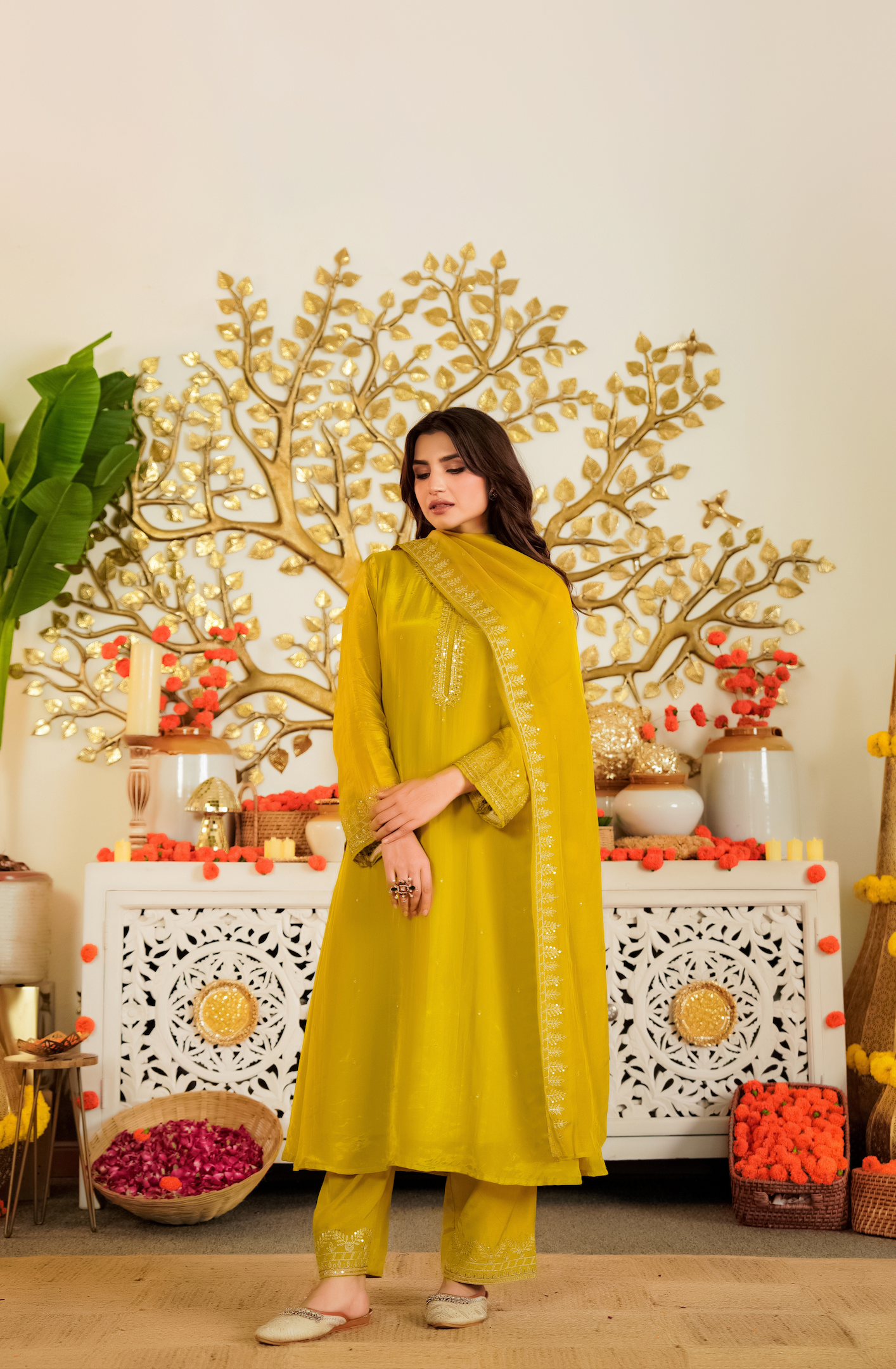 Luminous Mustard Viscose Satin Kurta Set with Delicate Zari Embroidery & Tonal Organza Dupatta