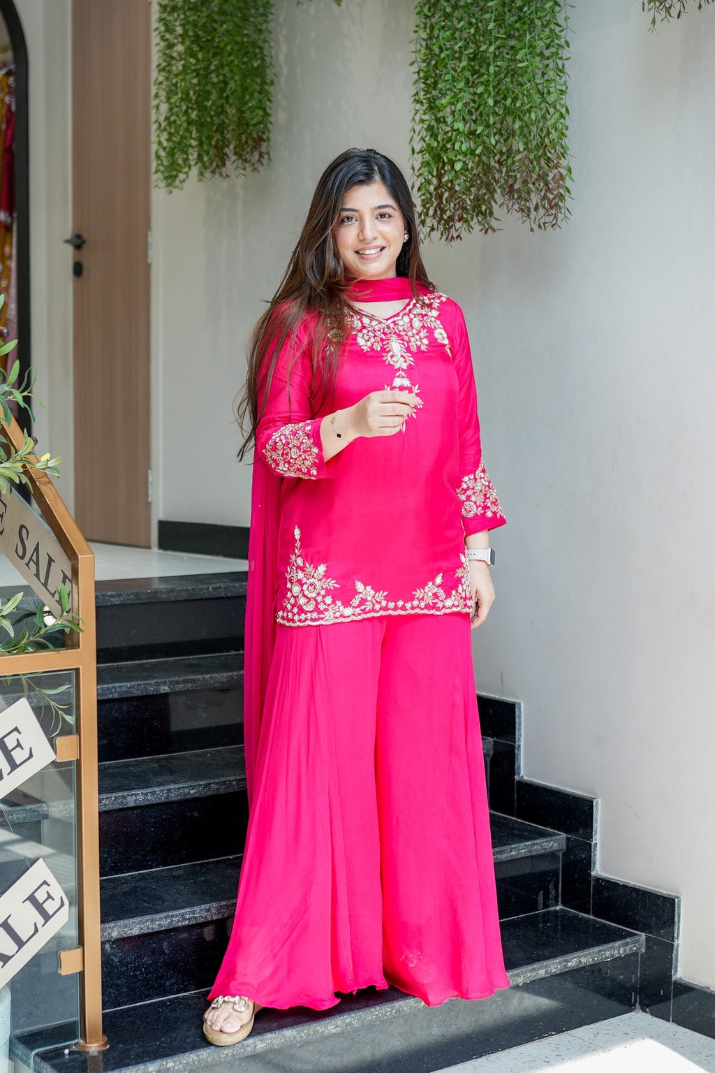 Vibrant Rani Pink Natural Crepe Kurta Set with Opulent Gold Zari Embroidery & Sharara Bottoms