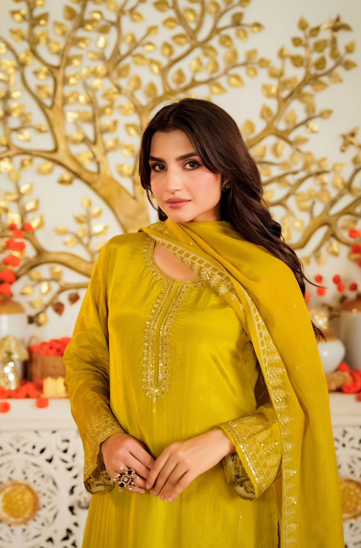 Luminous Mustard Viscose Satin Kurta Set with Delicate Zari Embroidery & Tonal Organza Dupatta