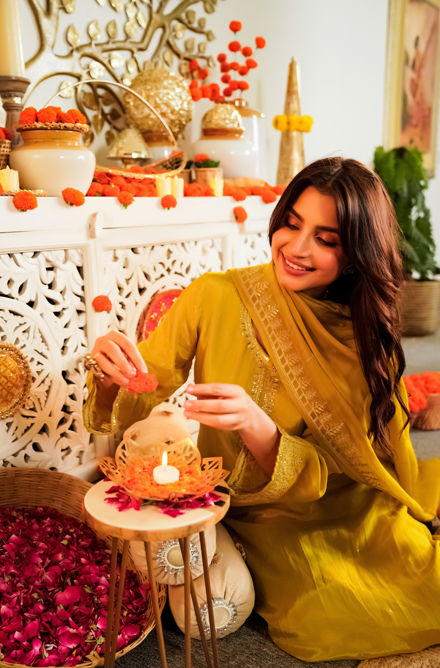 Luminous Mustard Viscose Satin Kurta Set with Delicate Zari Embroidery & Tonal Organza Dupatta