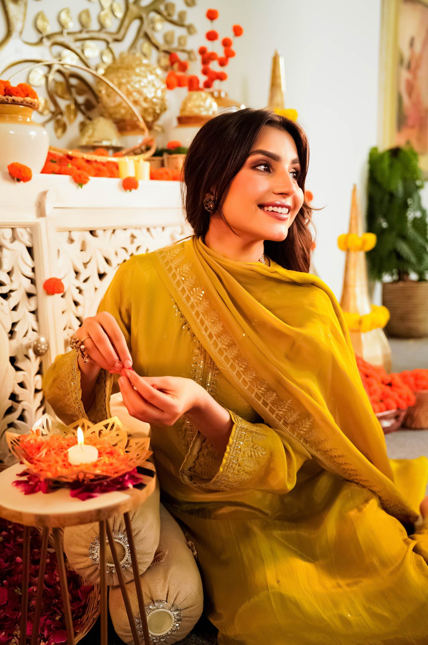 Luminous Mustard Viscose Satin Kurta Set with Delicate Zari Embroidery & Tonal Organza Dupatta