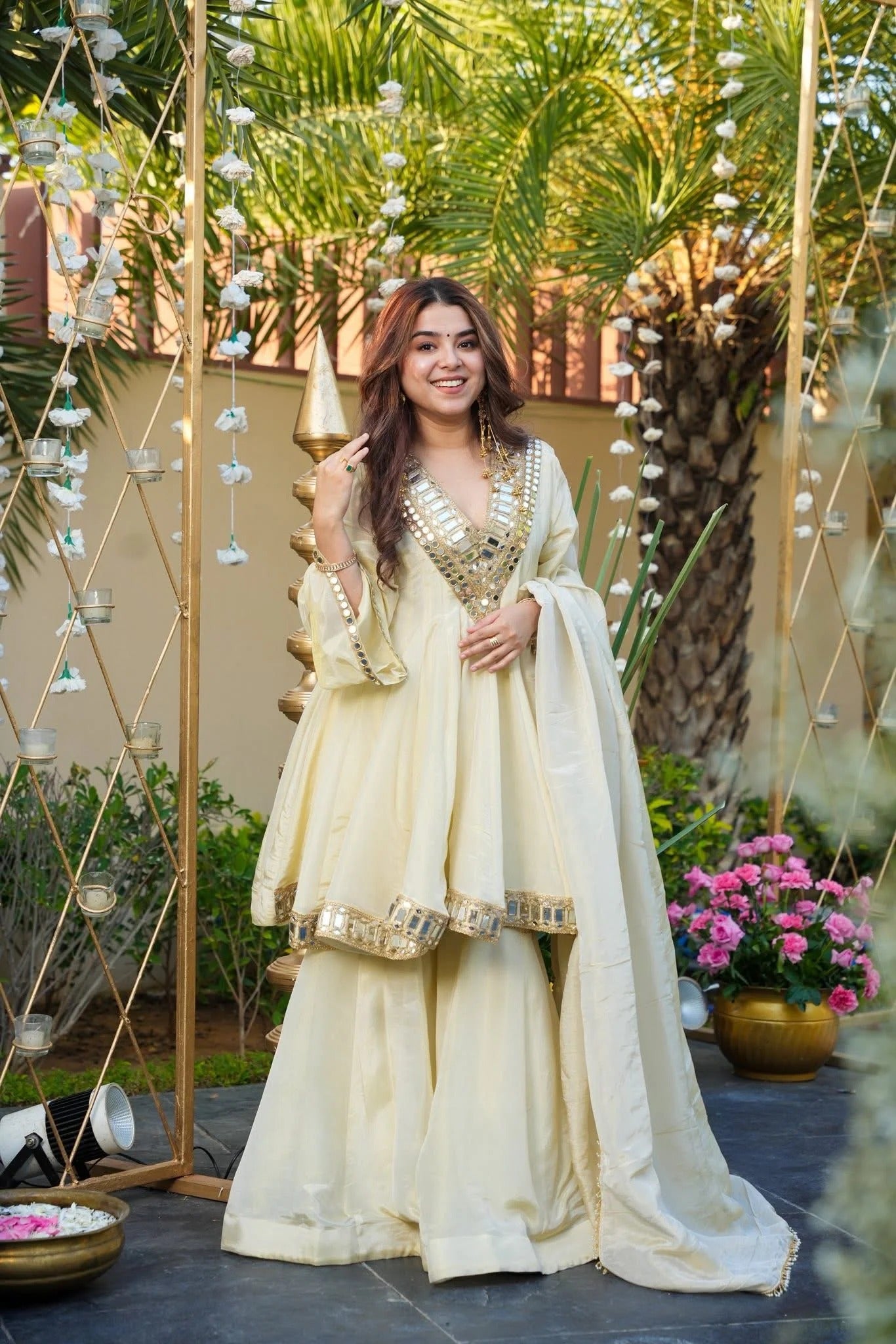 Elegant Cream Mirror Work Vichitra Silk Anarkali Kurta Set with Dupatta – Festive & Wedding Wear