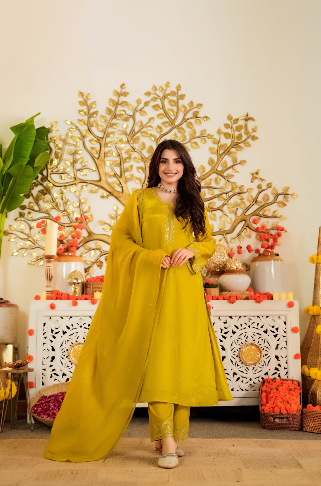Luminous Mustard Viscose Satin Kurta Set with Delicate Zari Embroidery & Tonal Organza Dupatta