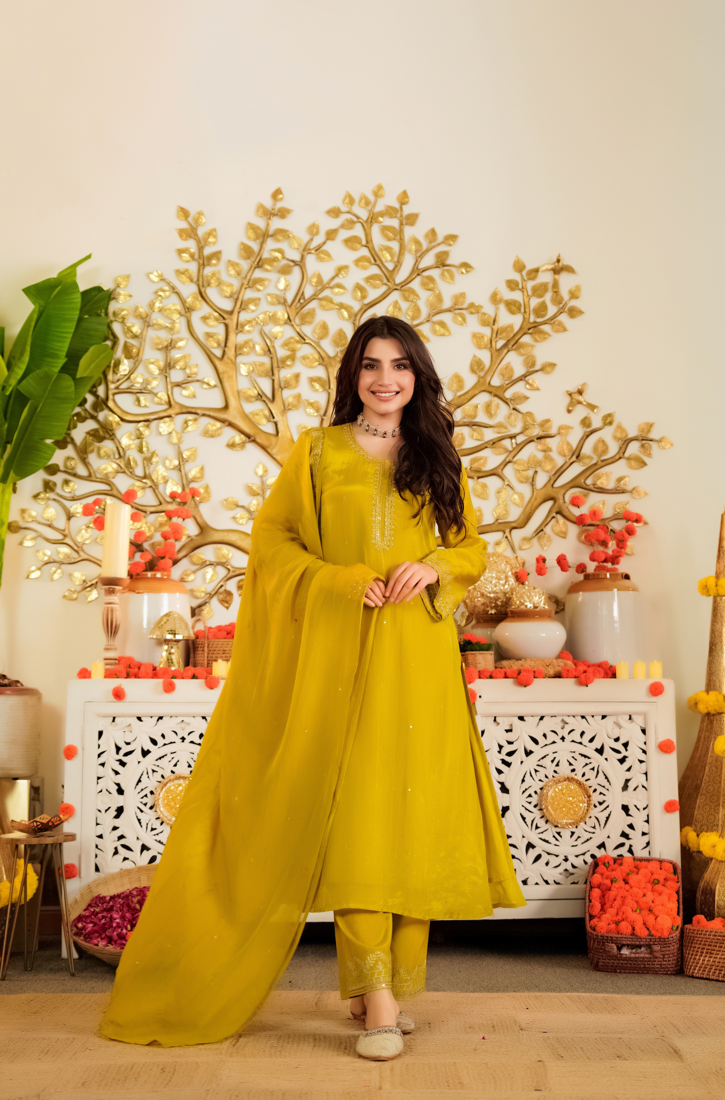 Luminous Mustard Viscose Satin Kurta Set with Delicate Zari Embroidery & Tonal Organza Dupatta