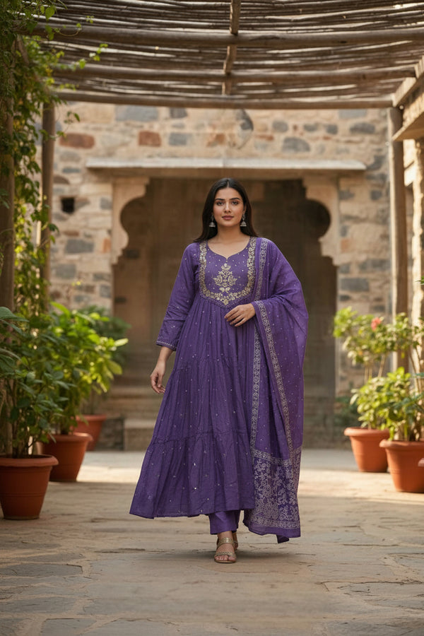 Purple Mul Cotton Anarkali Set with Zari Embroidery & Printed Dupatta