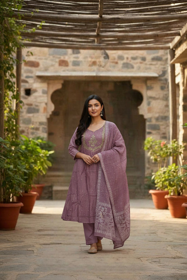 Dusty Onion Pink Floral Embroidered Cotton Anarkali Set with Matching Trousers