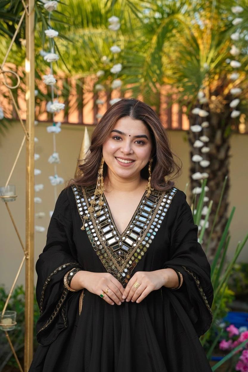 Premium Black Mirror Work Vichitra Silk Anarkali Kurta Set with Dupatta – Festive & Wedding Wear