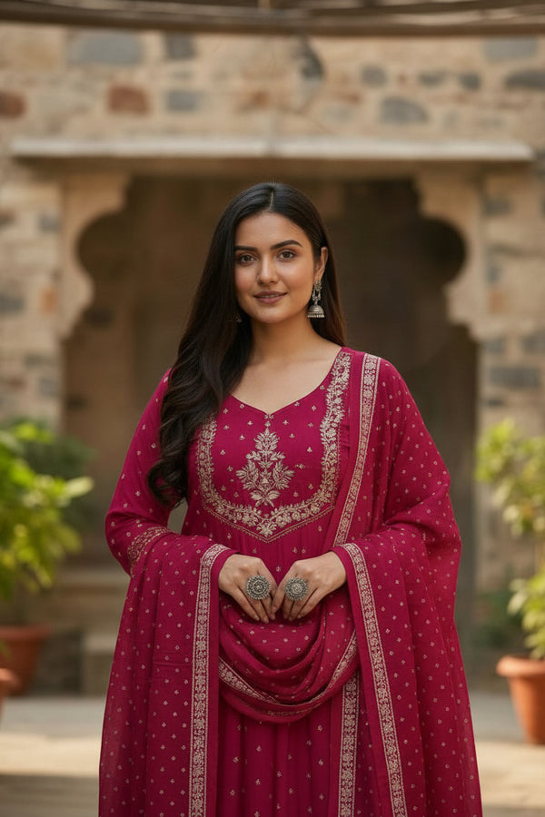 Radiant Magenta Embroidered Cotton Kurta Set with Bandhani Print Dupatta